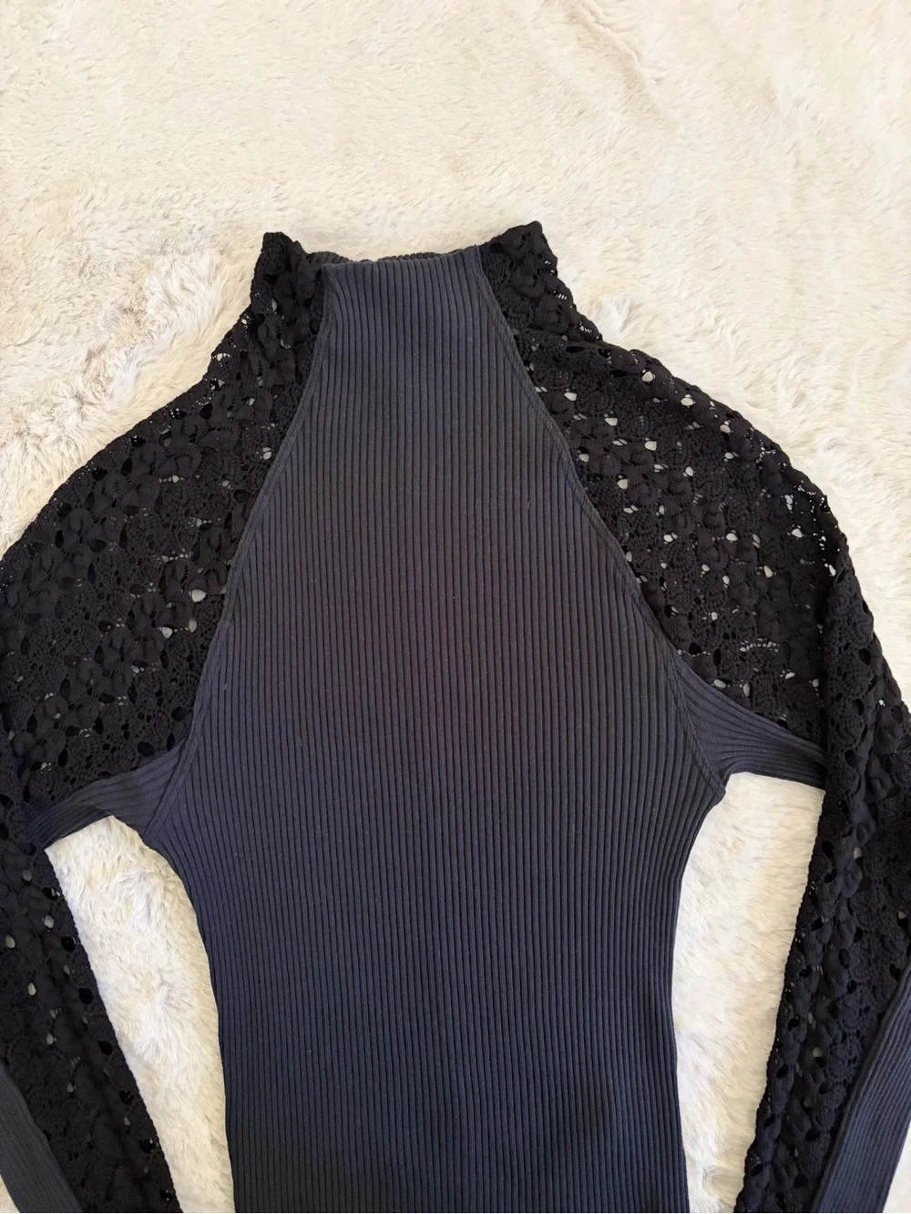 Free People Clemente Mock Neck Crochet Sleeve Top Black Size S